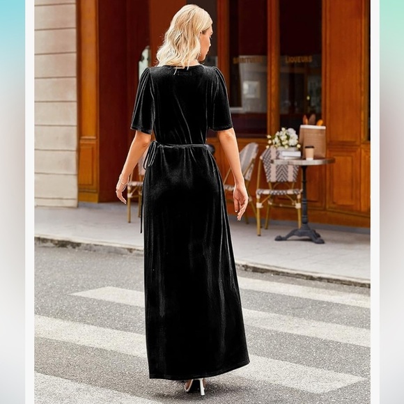 MEROKEETY Women's V Neck Wrap Velvet Maxi Dress Bell Sleeve, NWT! - Picture 3 of 13